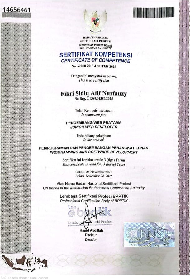 Sertifikat Kompetensi Junior Web Developer - BNSP