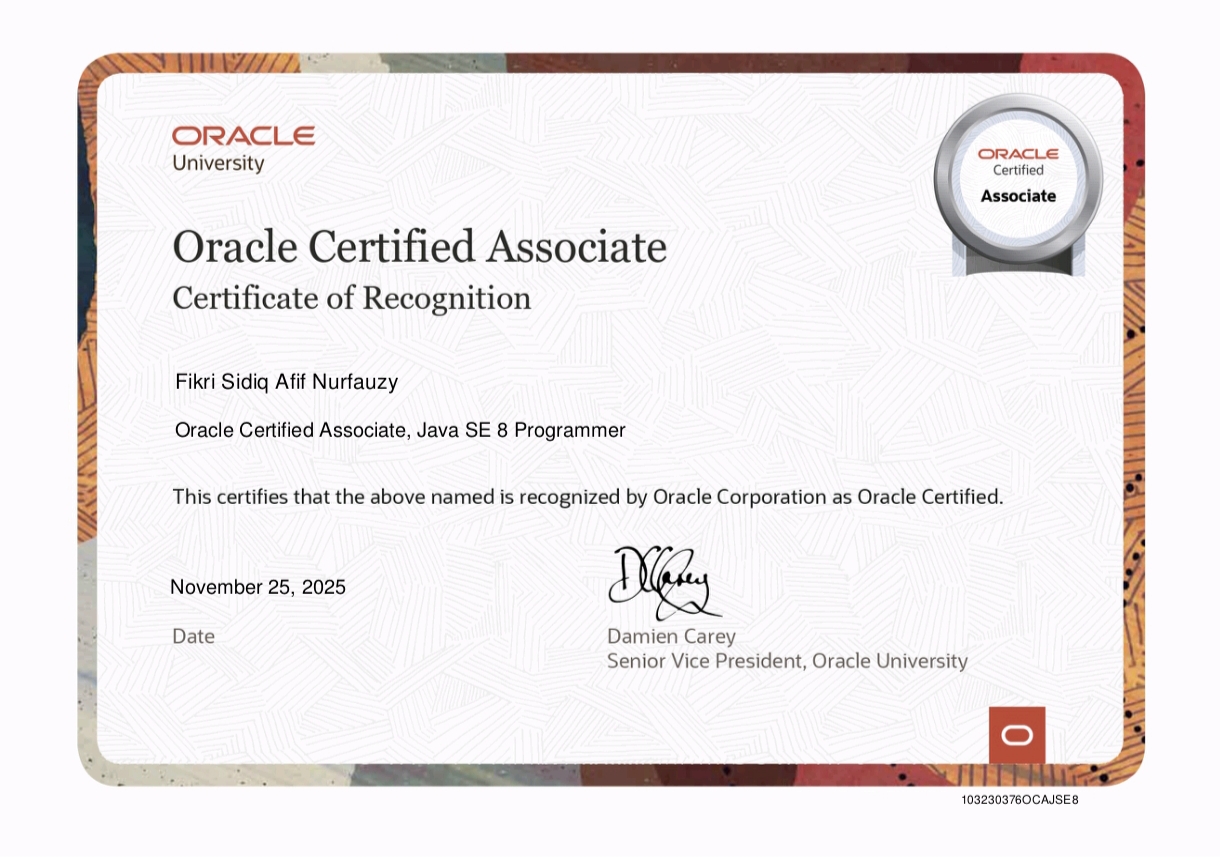 Sertifikat Oracle Certified Associate Java SE 8 Programmer
